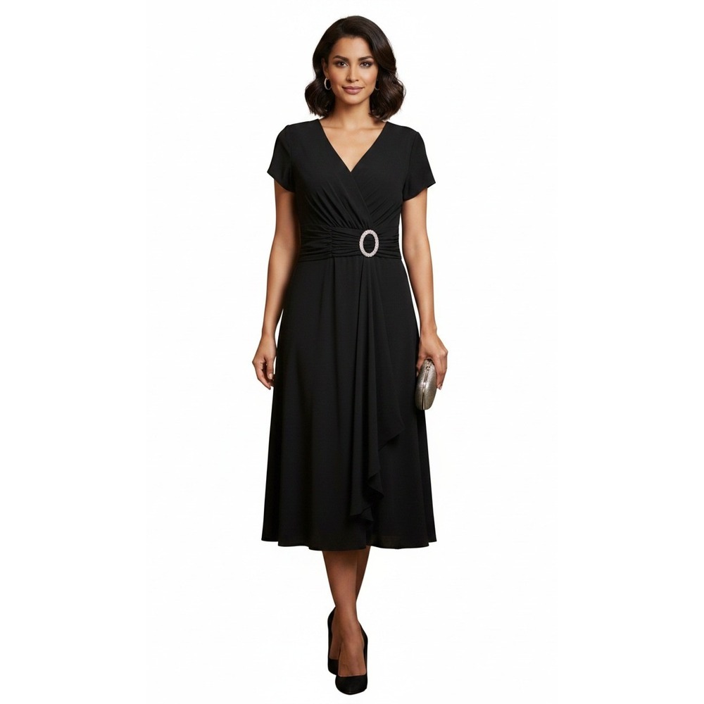 R&M Richards‎ Womens Black Faux Wrap Rhinestone Buckle Cocktail Dress Size 14